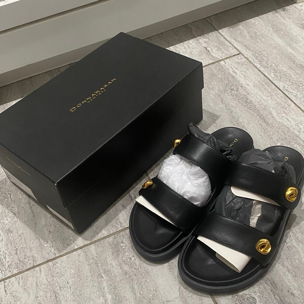 Donna Karan New York Hazley Leather Double Buckle Slide Sandals Women's Size 8
